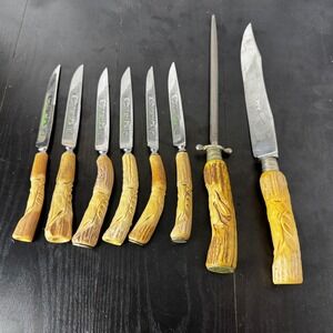 Vintage Solingen Germany Carved Stag Antler Handle Knives Hunting Scene Set